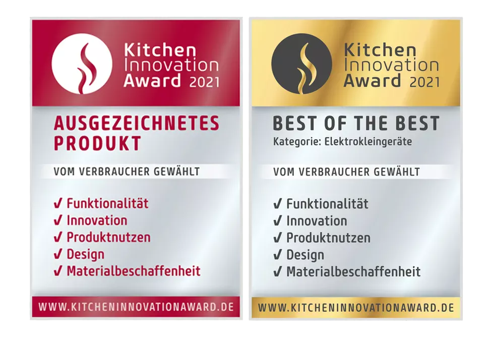 Kitchen Innovation Awards 2021 als ausgezeichnetes Produkt und Best of the best in Kategorie Elektrokleingeräte